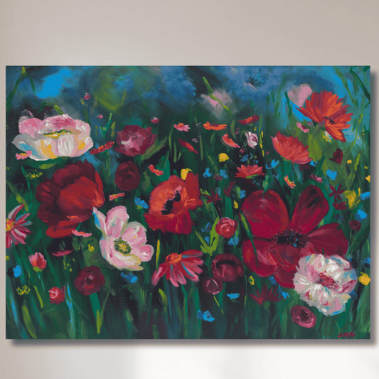 Spring wildflower fine art print reproduction with red and blush blooms on archival paper and gallery-wrapped canvas
