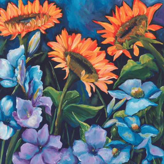 Close-up of original sunflower painting with expressive brushstrokes, vibrant orange petals and soft blue flowers in joyful, colorful floral artwork