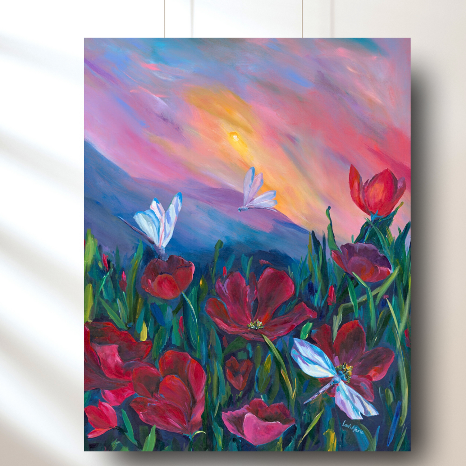 A vibrant original painting featuring a field with red and pink flowers and dragonflies against a blue and pink sky.