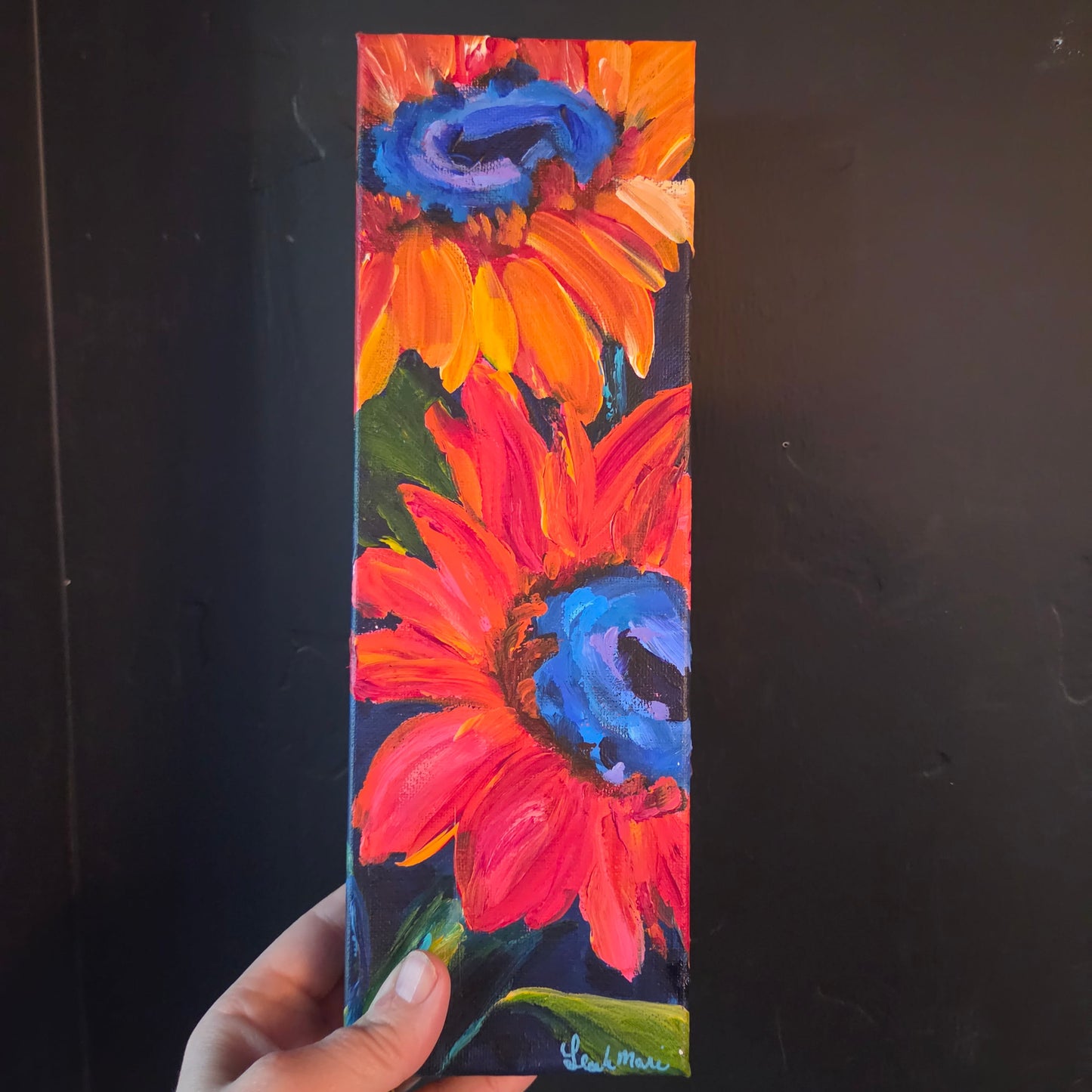 Vertical sunflower art set, bold red orange blue floral paintings for contemporary home decor and designers