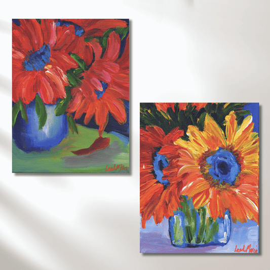 Sunflower vase paintings set, original colorful floral artwork with bold red orange petals and blue glass vase, modern wall decor