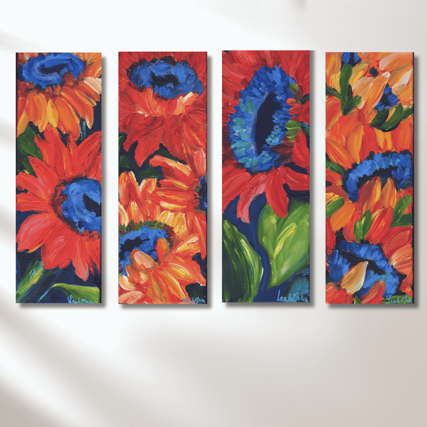 Set of four vertical sunflower paintings, original colorful floral wall art for modern gallery wall and interior design