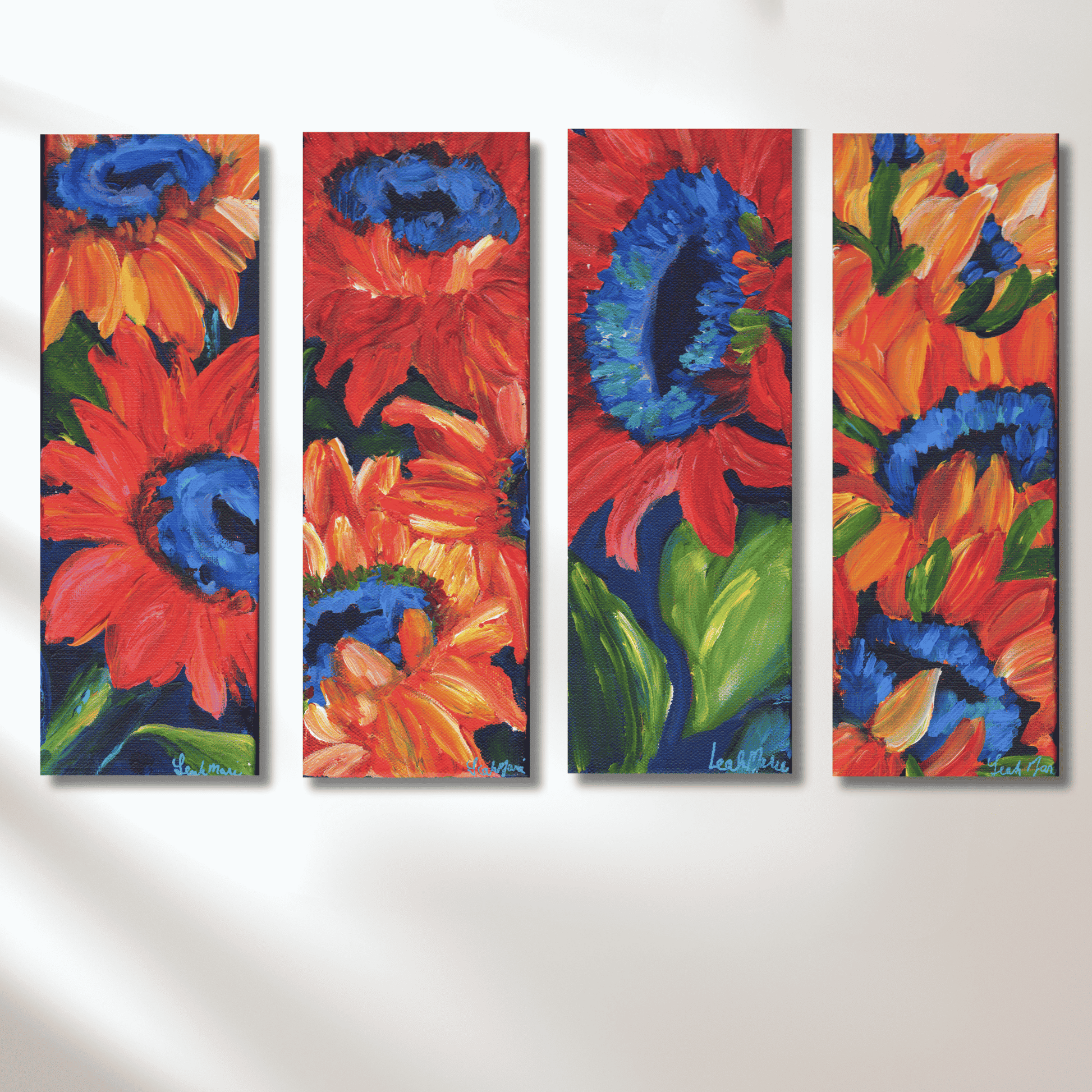 Set of four vertical sunflower paintings, original colorful floral wall art for modern gallery wall and interior design