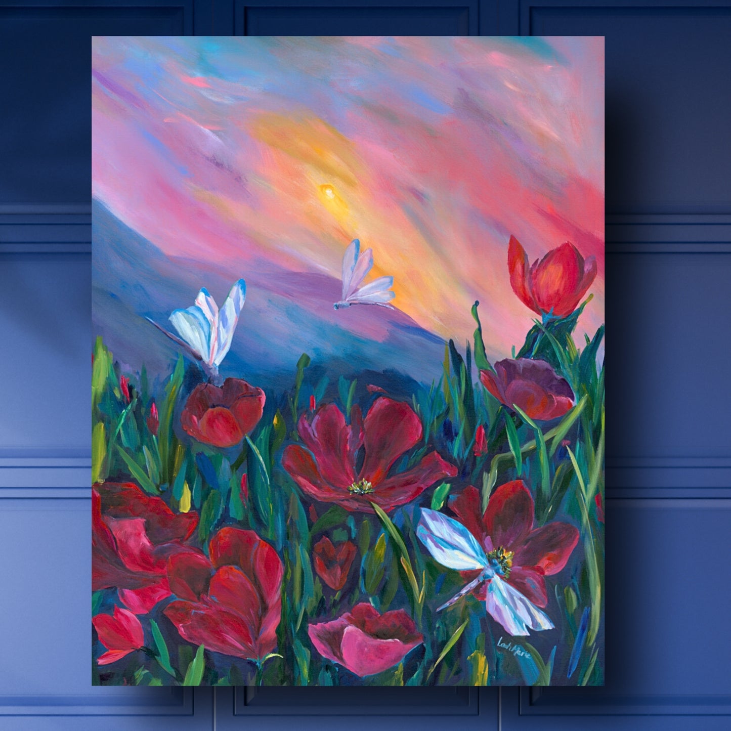 sunset painting with yellow, pinks and purple with dark pink flowers and dragon flies original painting