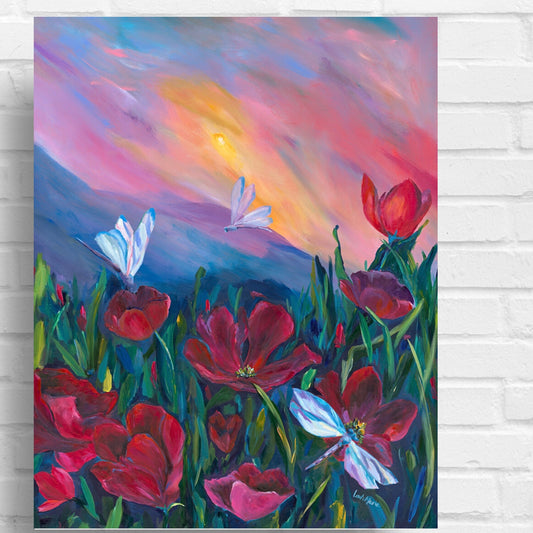 Painting of red flowers and butterflies against a colorful sky.