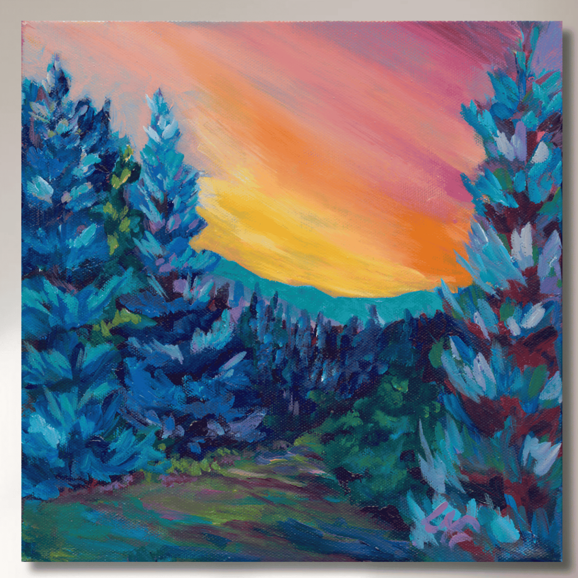 small square hand painted pink sunset over an abstract idaho landscape on canvas