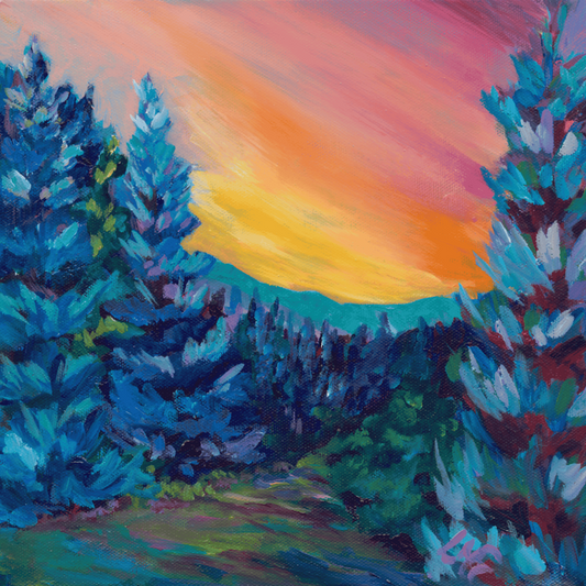 small square hand painted pink sunset over an abstract idaho landscape on canvas