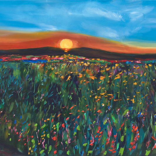 textured sunset over field of wildflowers canvas painting