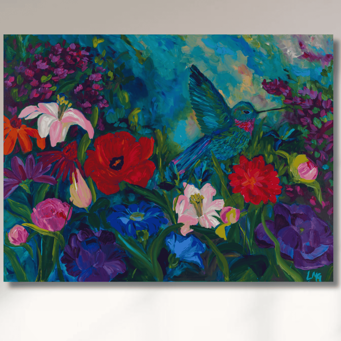 Colorful hummingbird floral fine art print reproduction on archival paper and gallery-wrapped canvas by Leah Marie