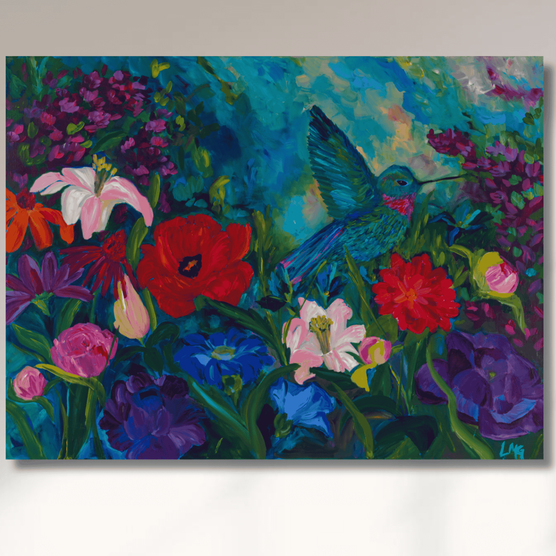 Colorful hummingbird floral fine art print reproduction on archival paper and gallery-wrapped canvas by Leah Marie