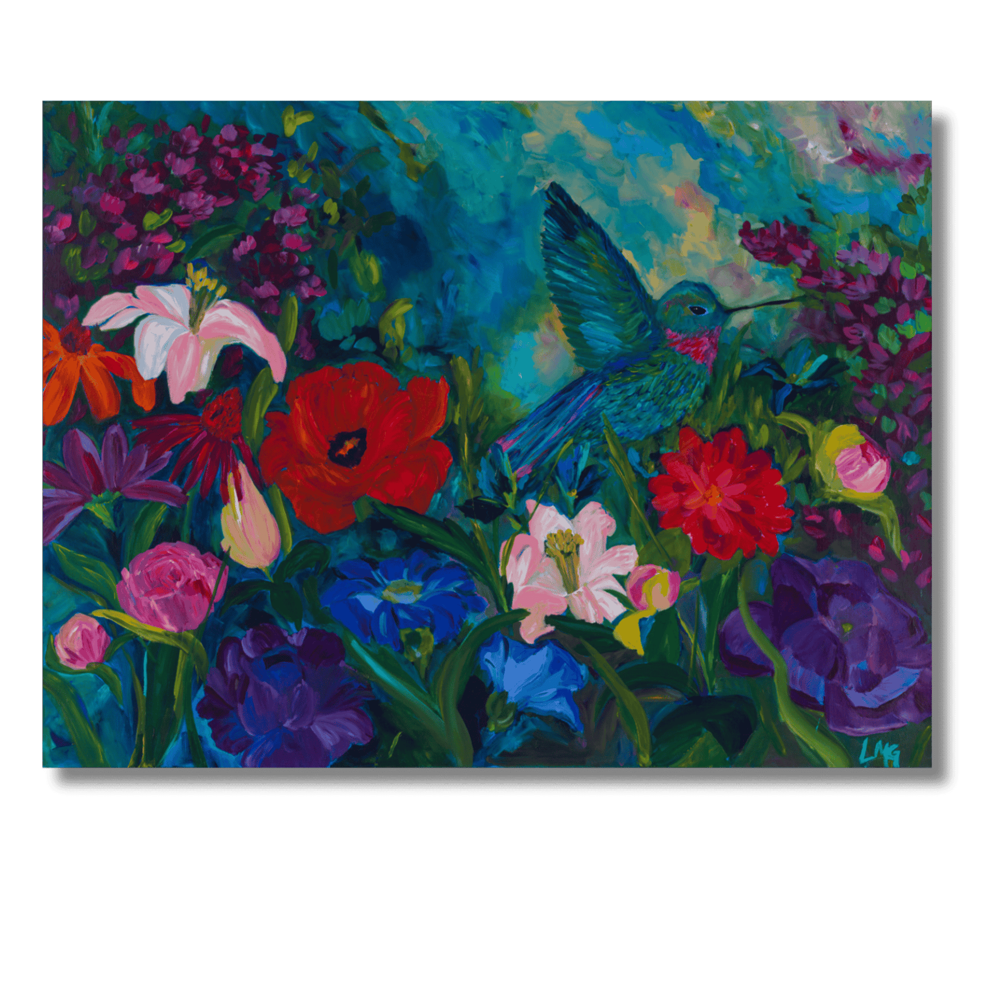 Gallery-wrapped canvas fine art print with black edges featuring bold contemporary hummingbird floral artwork