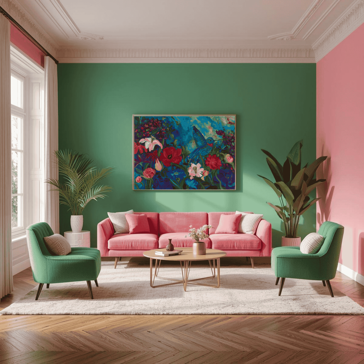 Colorful hummingbird floral canvas wall art displayed in modern living room interior with gallery-style presentation