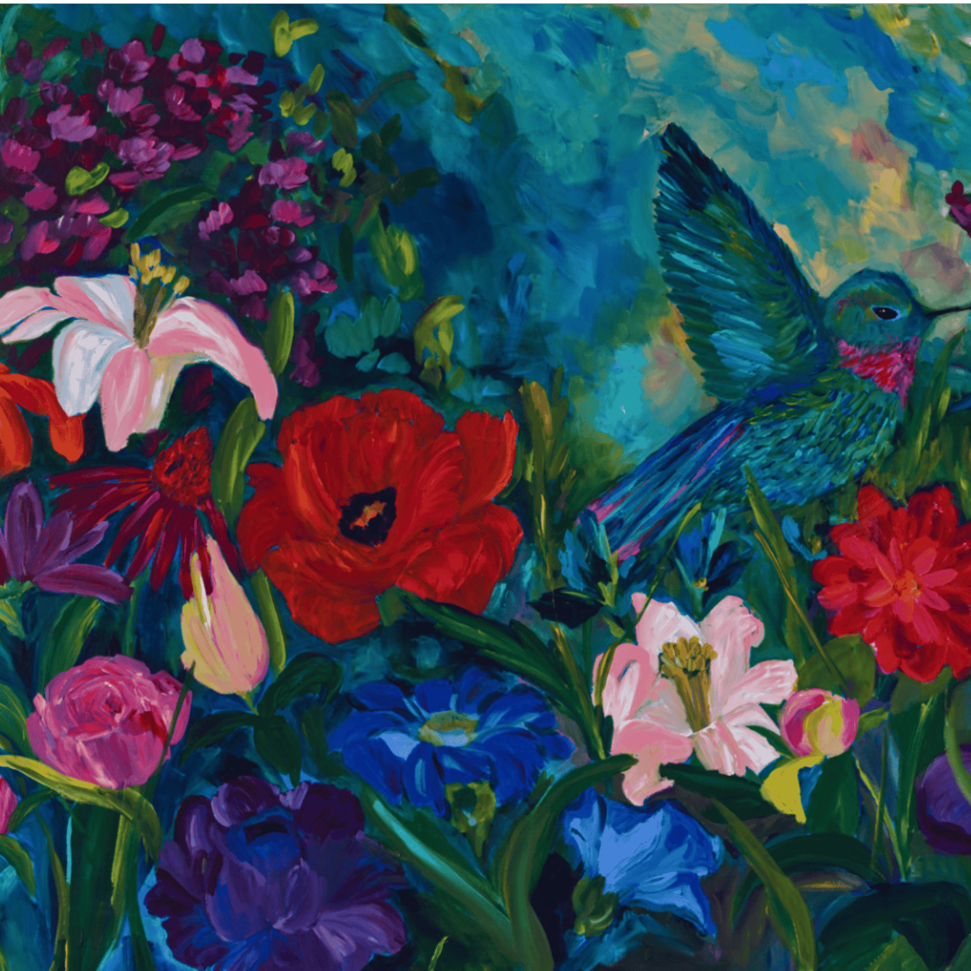 Close-up detail of hummingbird and vibrant flowers fine art print showing expressive brushwork and rich color depth