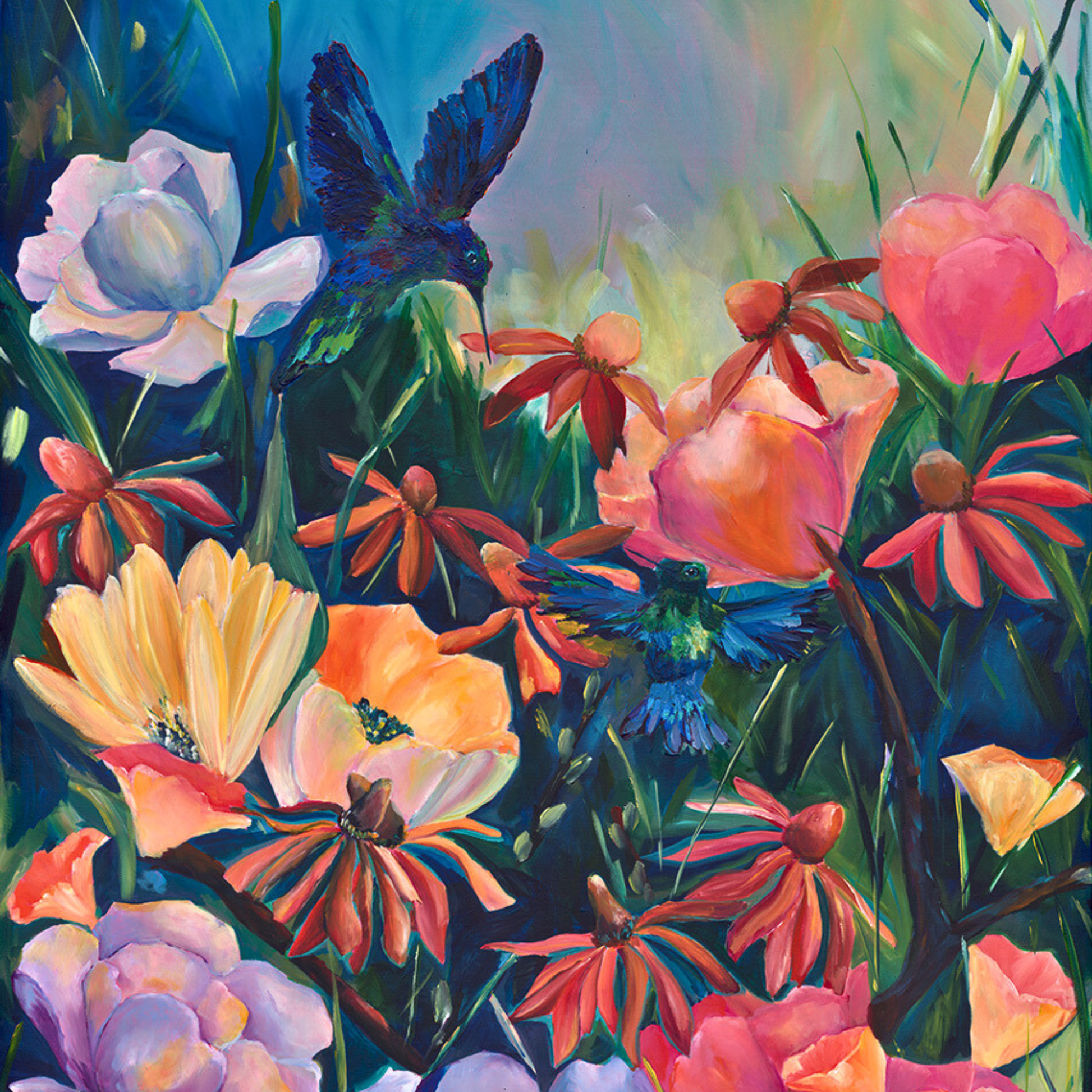 Original floral and hummingbird painting titled ‘To Micrathene,’ featuring vibrant pink, orange, and purple flowers with two blue hummingbirds. Acrylic on canvas, 36x48 inches.