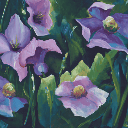 Close-up of original floral painting with expressive brushstrokes, soft purple petals and deep green foliage capturing a calm, moody garden atmosphere