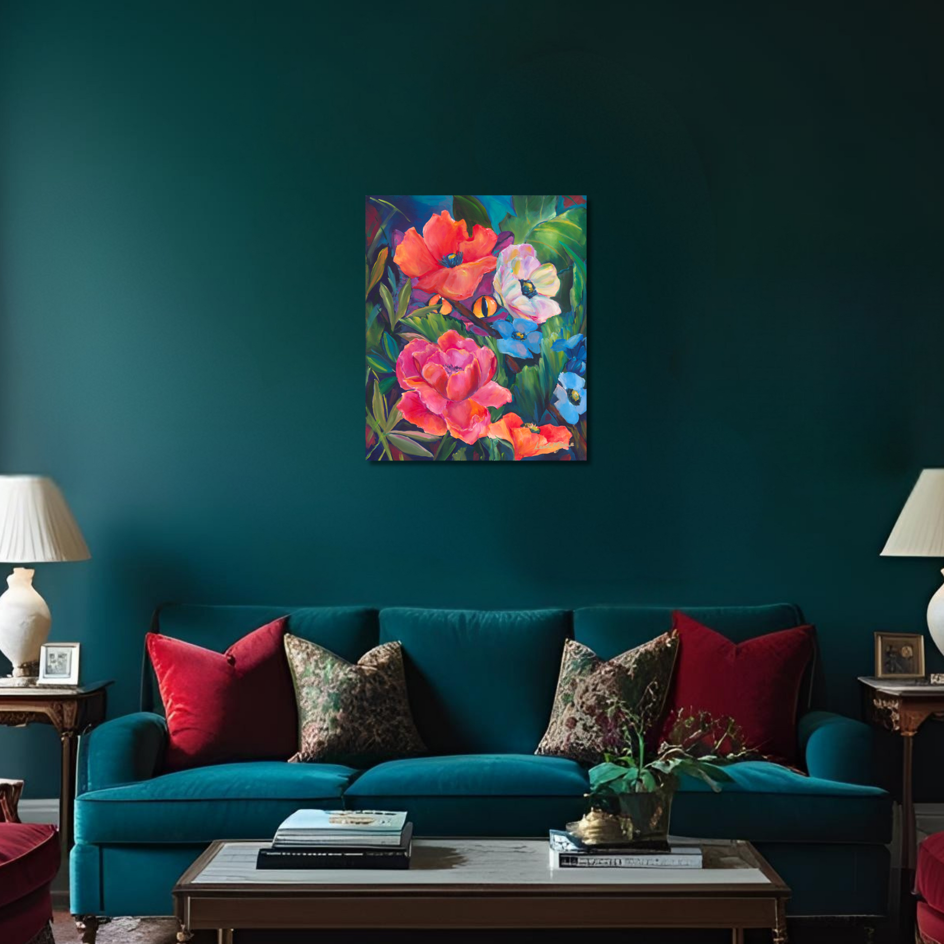 Colorful painting of flowers with vibrant orange, pink, and blue colors. Whimsical vibes perfect for cat lovers and dopamine maximalsit living rooms and boutques