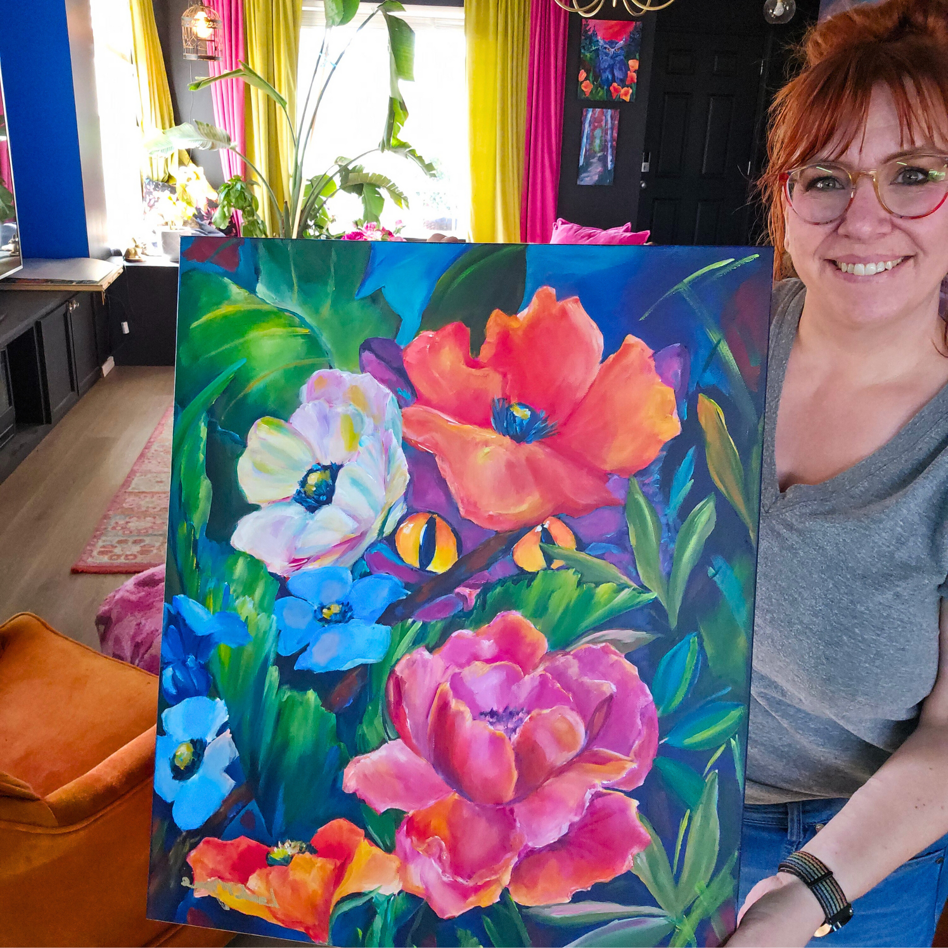 whimsical pink cat peeking among the flowers in a hand painted maximalist floral decor wall art statement piece