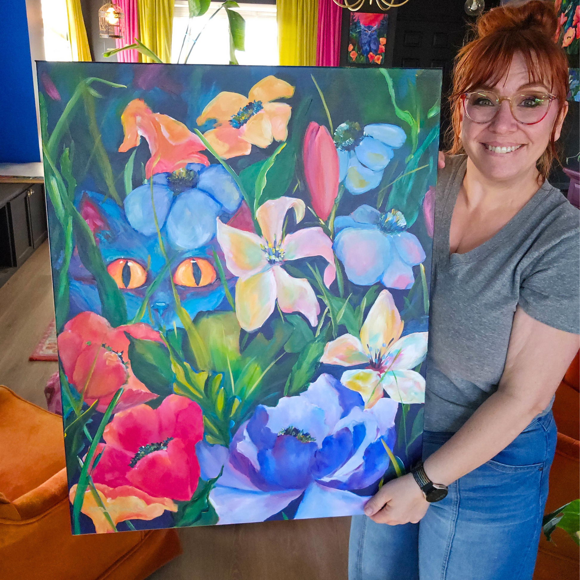 set of his and hers whimsical cat paintings playing in the flowrs great for a whimsy colorful filled mater bedroom decor