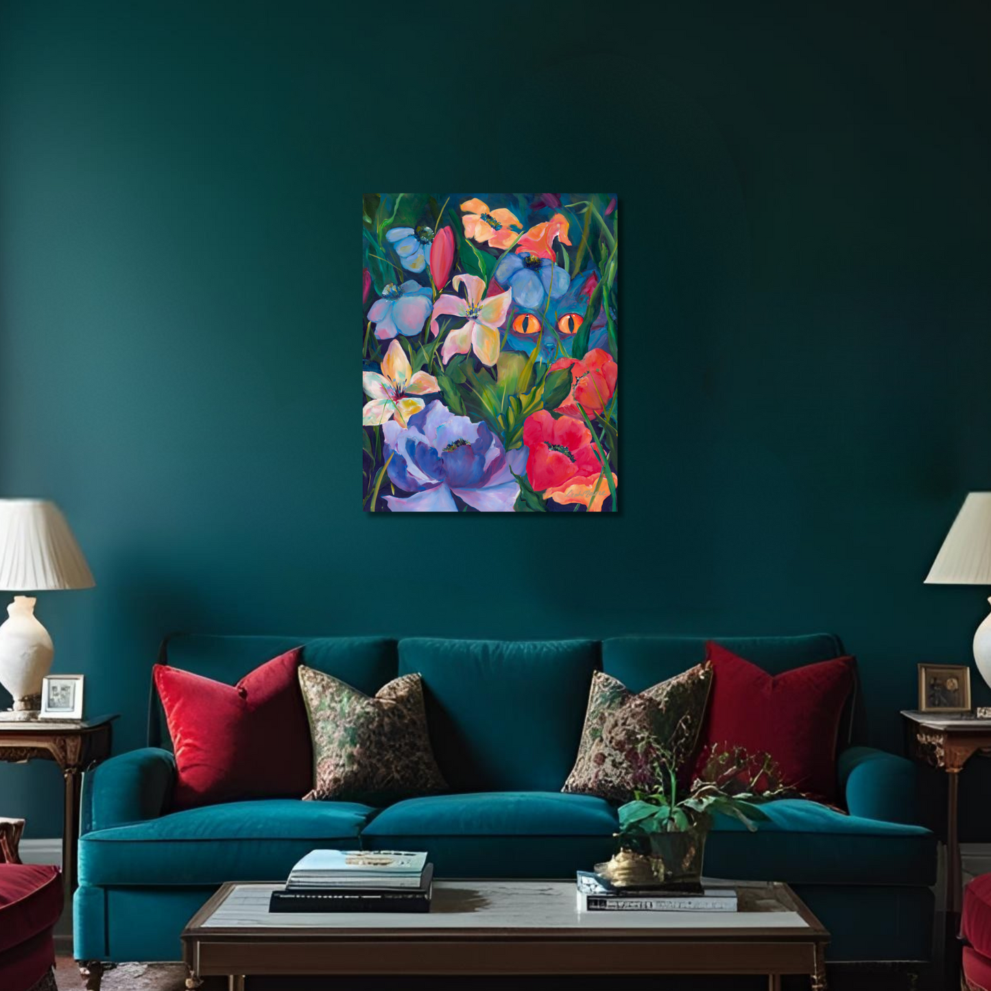 Colorful painting of a cat among flowers with vibrant colors and detailed petals. Full whimsy and chidish dopamine colors a great statement space for a animal lover or maximalsit home decor