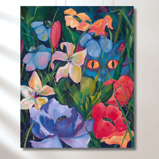 whgimsical blue cat hiding behind the flowers. perfect addition to a maximalsit wall to add whimsy and joy