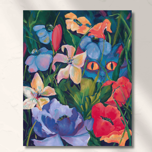 Colorful painting of a cat among flowers with vibrant colors and detailed petals. Full whimsy and chidish dopamine colors a great statement space for a animal lover or maximalsit home decor