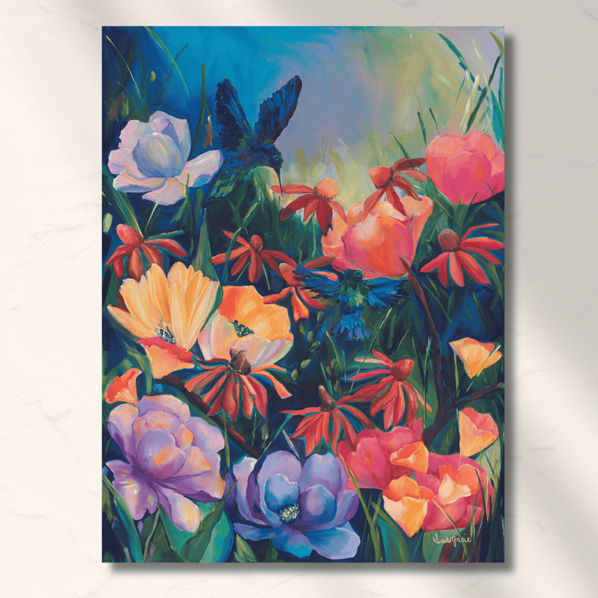 jewel tone floral garden painting featuring 2 textured hummingbirds perfect for a statement piece in a dopamine color maximalist space