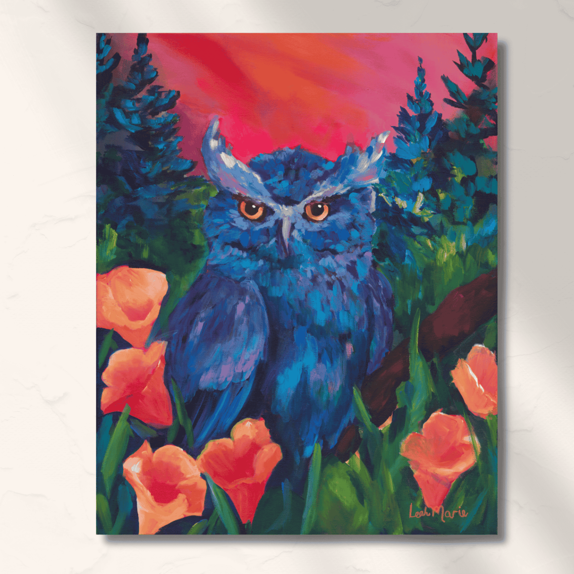 bold whimsical owl illustration beneath a sunset surrounded by orange wildflowers. perfecr addition to maximalist living rooms and gallery 