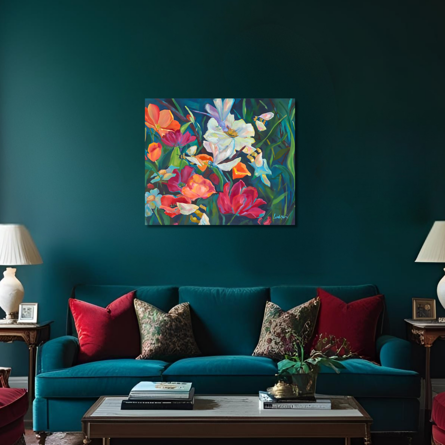 vibrant peony  and wild flower original painting with bees and dragon flies in a jewel tone maximalist living room decor