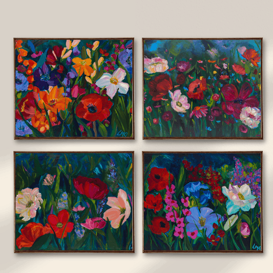 bright reds, pinks and blues in this wildflower print set designed from dopamine artist leah marie hand painted artwork