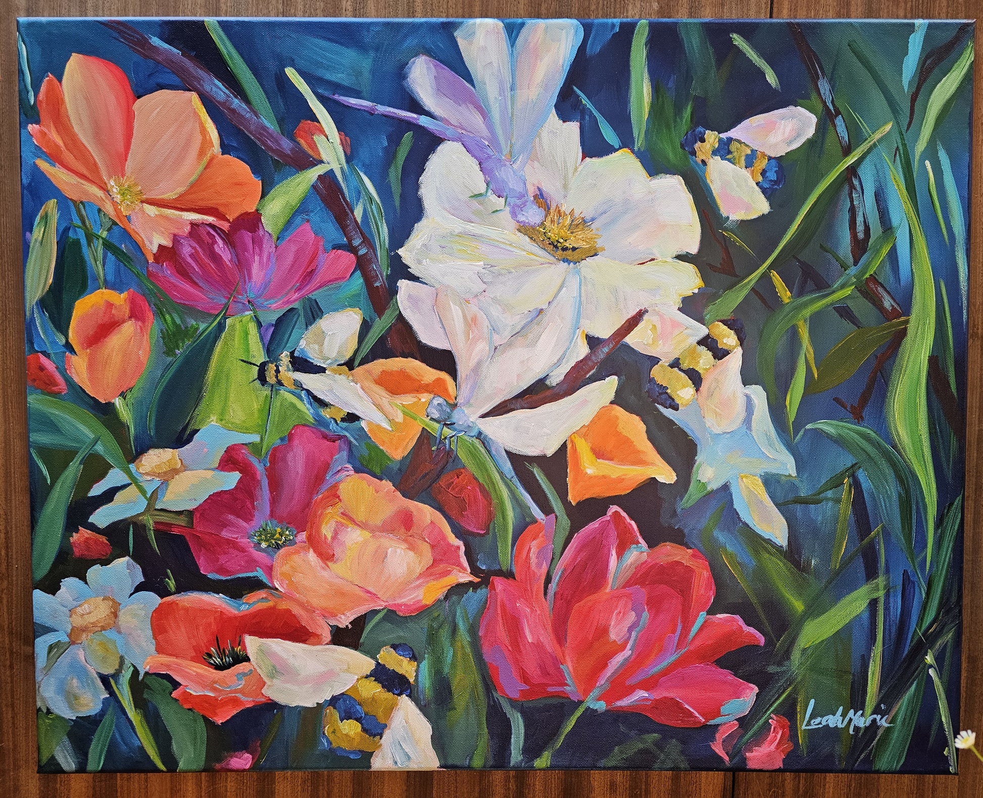 close up  peony and wildflower colorful large original painting on canvas